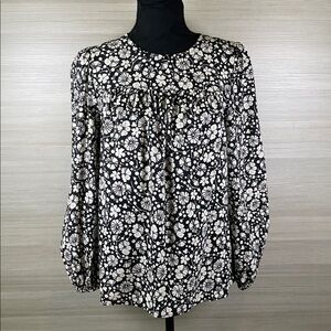 Who What Wear Flowy Black and White Floral Bohemian Long Sleeve Blouse | Medium